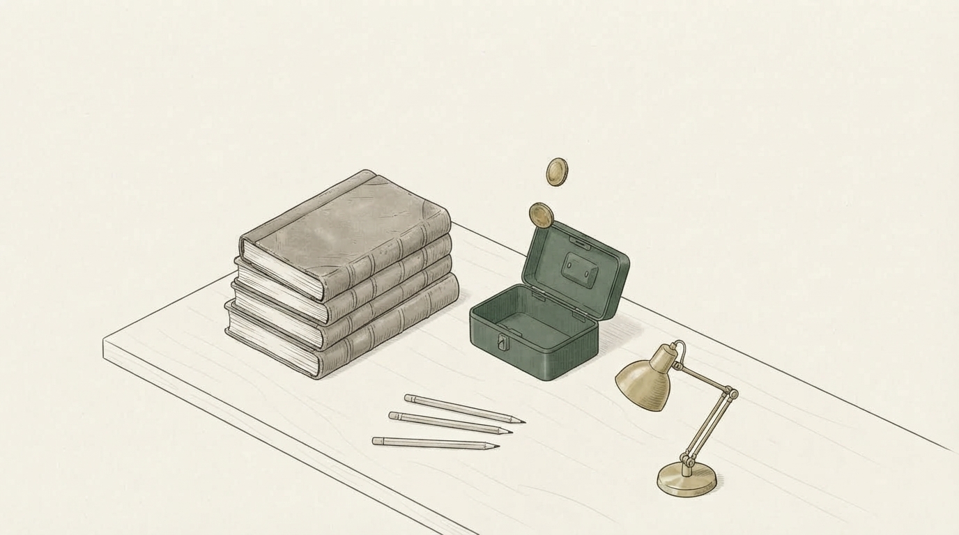 A stack of four leather ledgers sits next to a small green money box with two coins falling into it, accompanied by three pencils and a desk lamp.