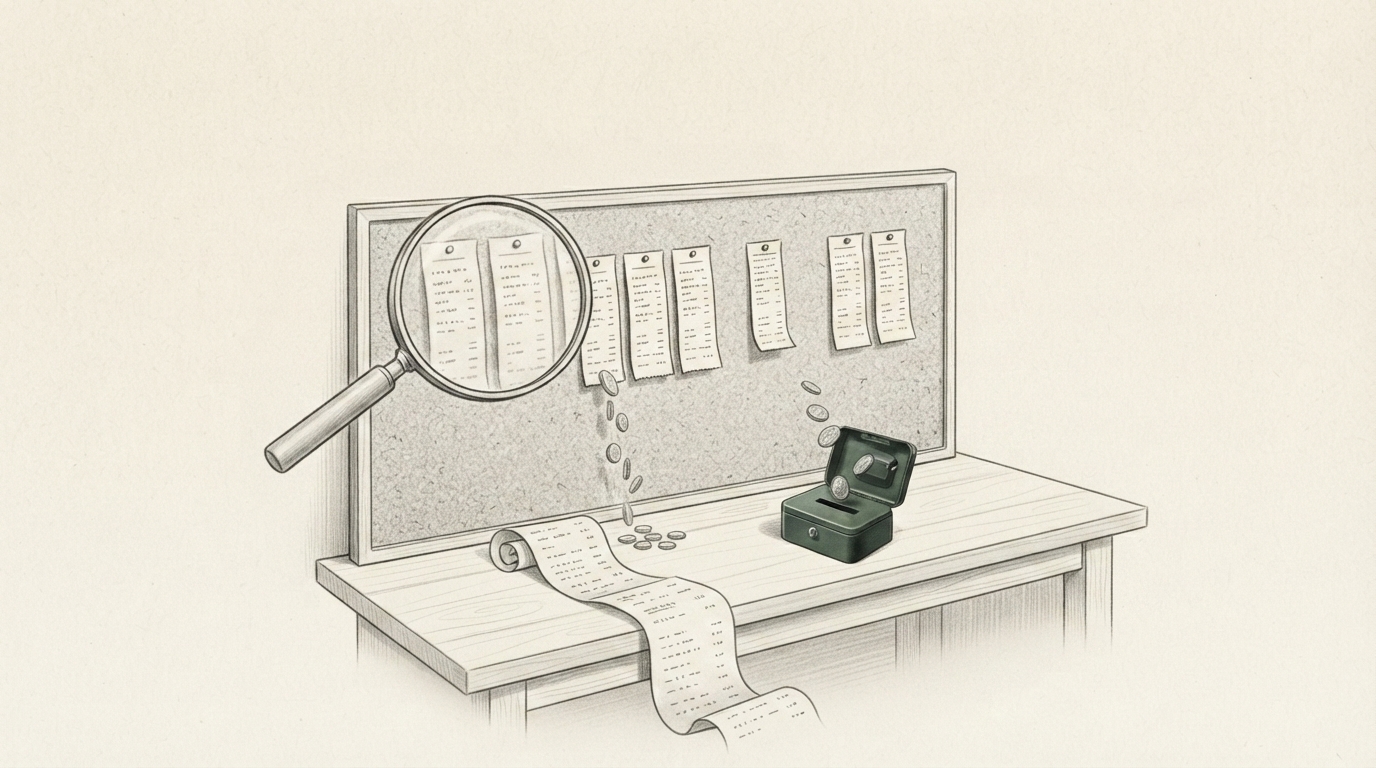 A graphite pencil drawing of a cork board behind a wooden desk. 7 paper strips cut from a statement are pinned to the board in separate groups, a large magnifying glass hangs over the leftmost group where the strips look near identical, a long statement unrolls across the desk below, and coins fall from the strips into an open green money box.