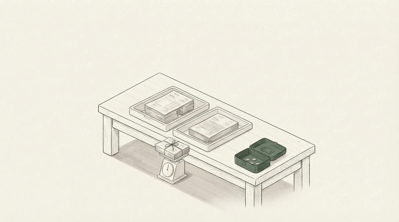 A loose ink and wash drawing of a long wooden table holding 2 open paper trays side by side, each with a similar stack of invoices. A tied bundle of papers sits on a small postal scale on the floor beside the table, weighed on its own. An open green cash box at the end of the table, the only colored object, holds a few coins.
