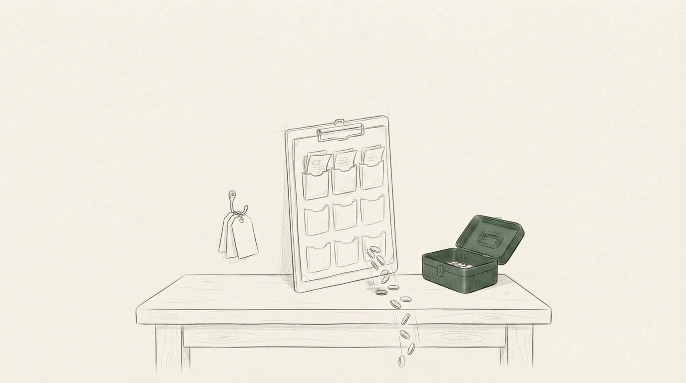 A loose pencil sketch of a clipboard standing on a plain wooden desk. Its face is a grid of paper pockets, the top row holding filled slips and every pocket below it empty. Two unused paper tags hang on a hook beside it, and a thin stream of coins falls off the desk past an open green cash box instead of landing in it.