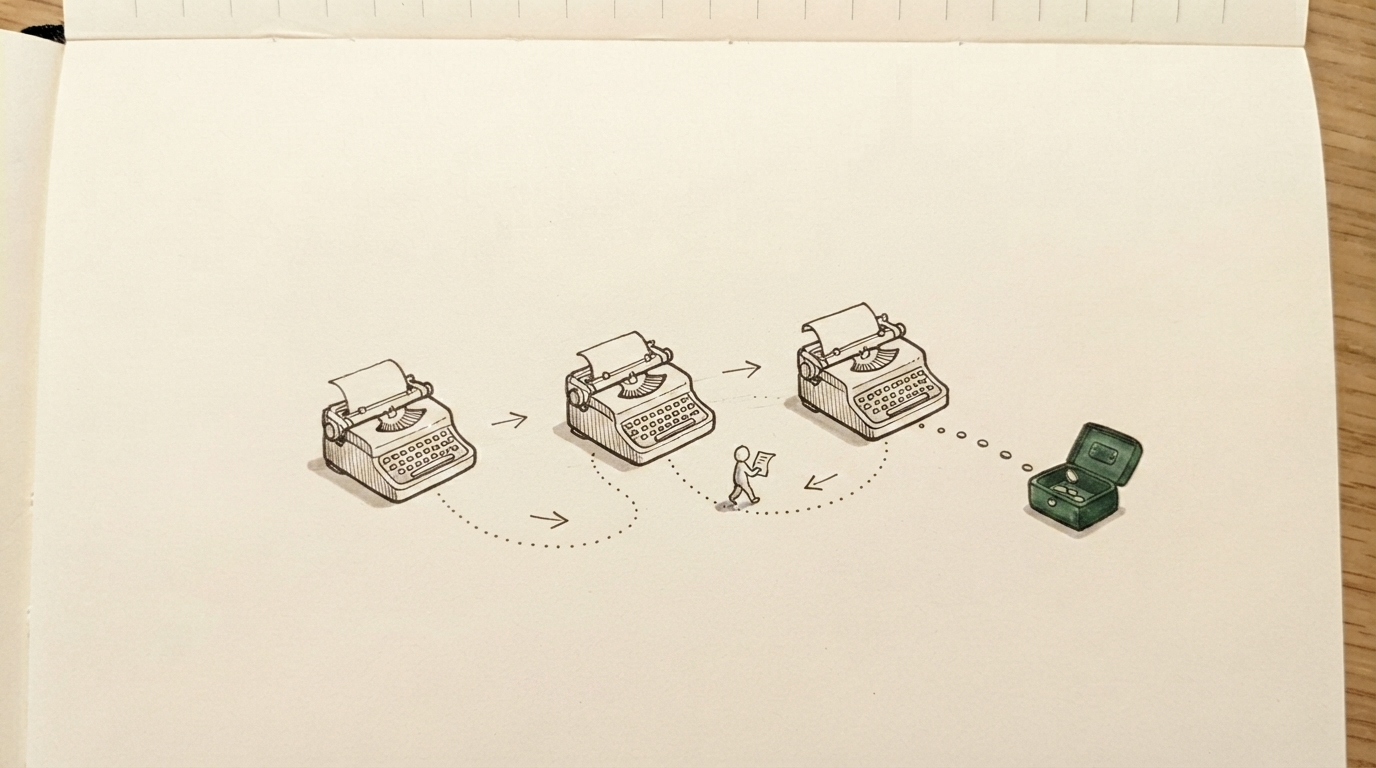 A pen doodle on a notebook page: 3 typewriters in a row with no cable between them, a dotted walking path where a tiny figure carries the paper from machine to machine, and coins along the path leading to a green money box.